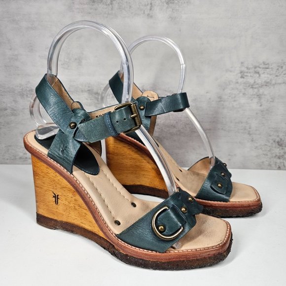 Frye Shoes - FRYE Wooden Wedge Sandal Blue/Green Open Square Toe Buckle Closure Women's 7